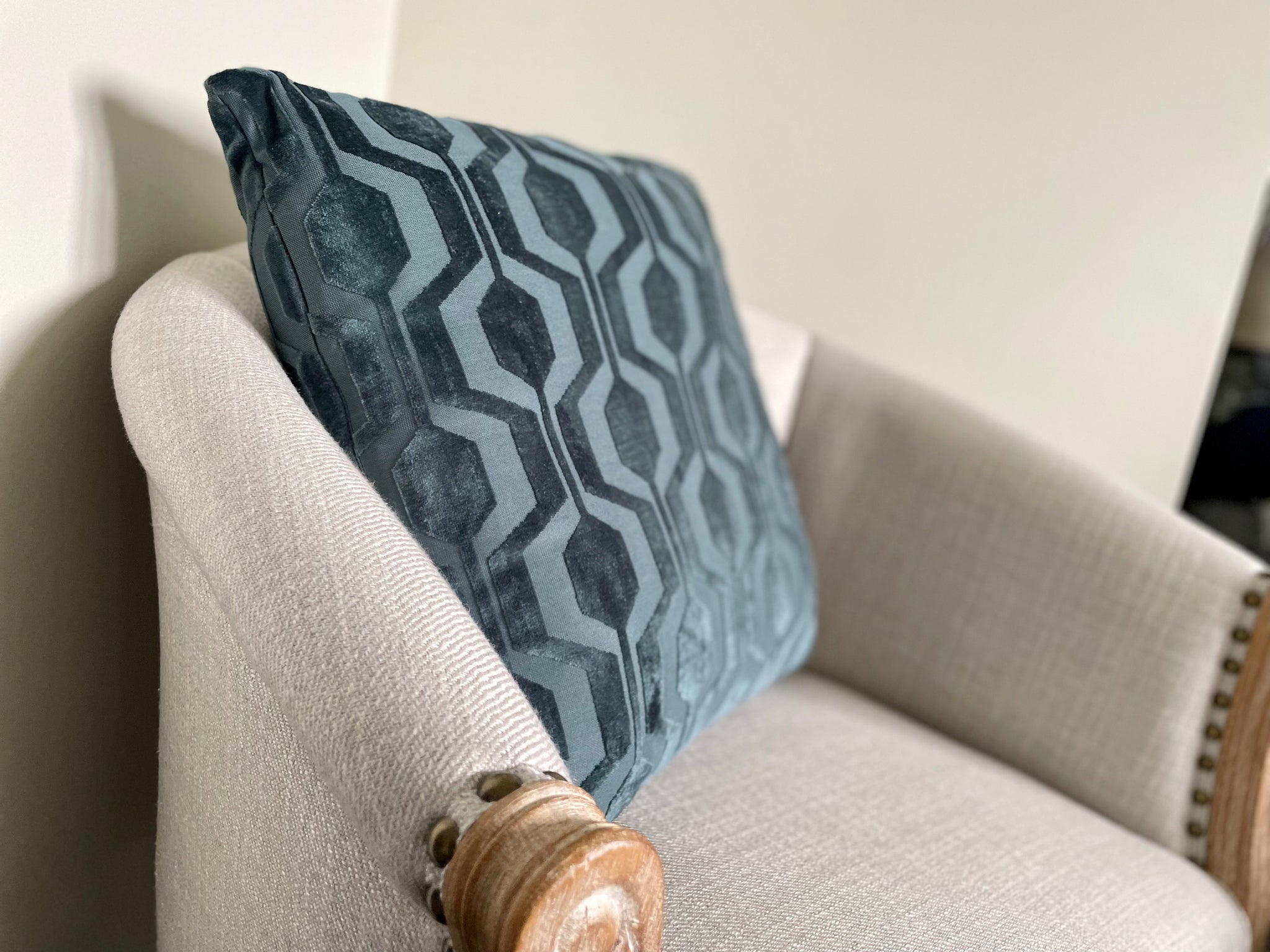 Teal Velvet Geometric Pattern Cushion – George And Brookes